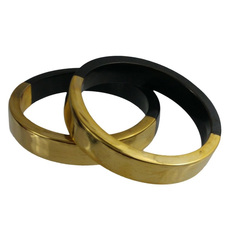 Set of 2 Brass Dark Brown Horn Round Bangle Bracelet Ladies Standard Size gallery