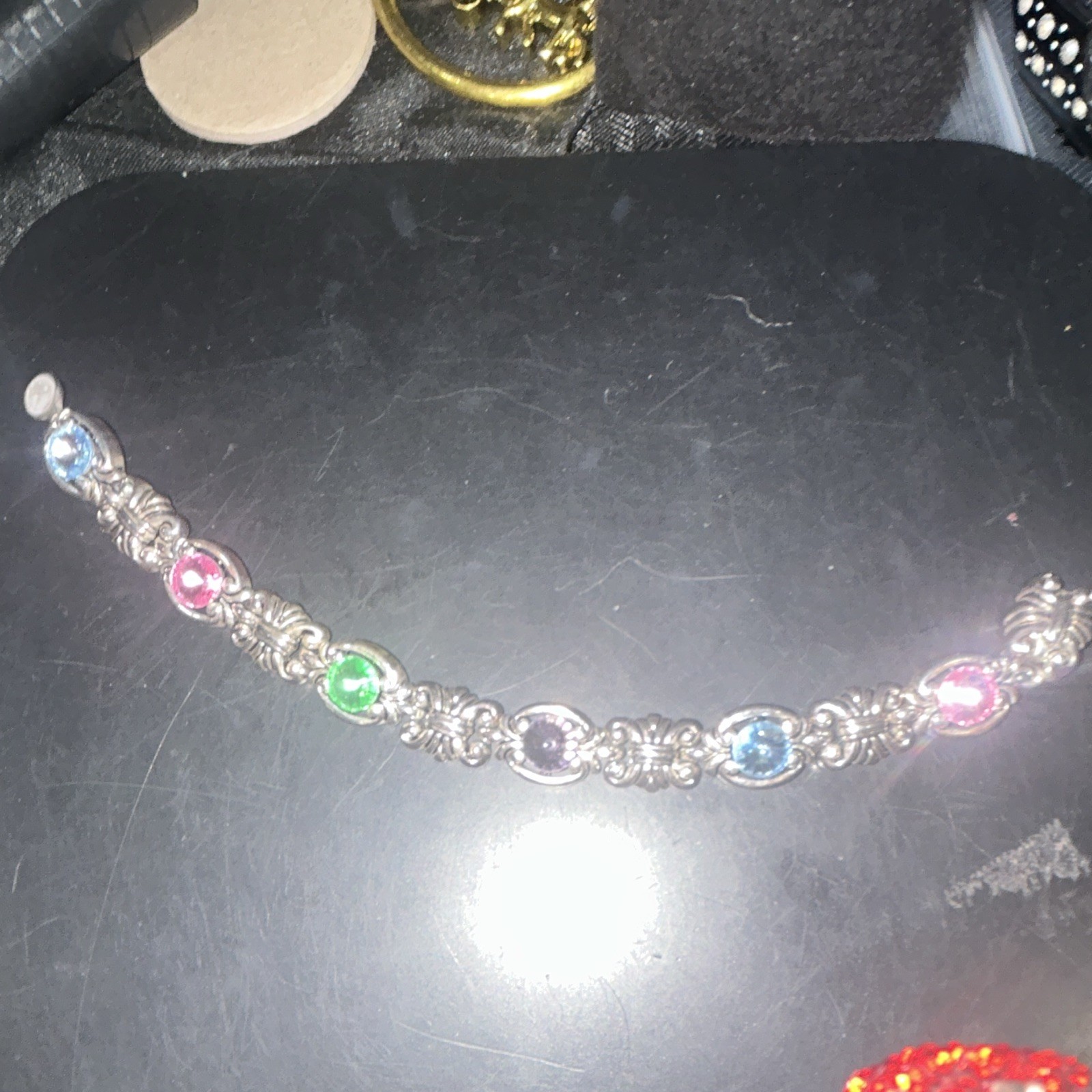 Silver Tone Chain Link Bracelet Bezel Set Multicolor Round Stones magnetic close gallery