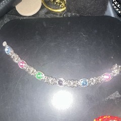 Silver Tone Chain Link Bracelet Bezel Set Multicolor Round Stones magnetic close