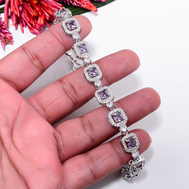 Purple Amethyst, CZ 925 Sterling Silver Adjustable Bracelet 7-8" B132928 gallery