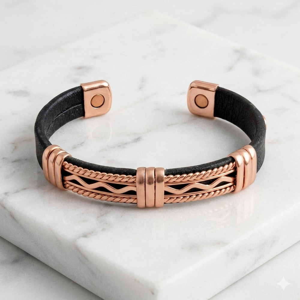 Solid Copper Leather Wrapped Magnetic Bracelet Arthritis Pain Therapy Cuff V