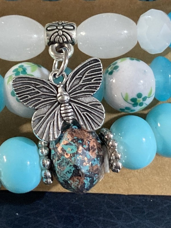 Turquoise Glass Beaded Stacking Bracelet~Anchor~Elephant~Butterfly Charm Stretch gallery
