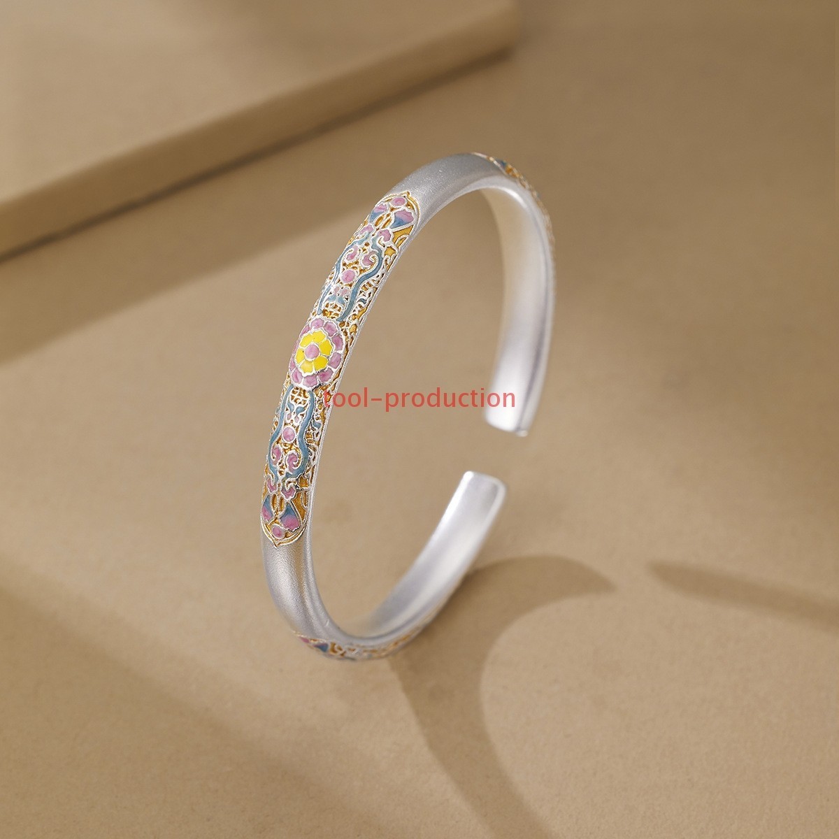 Copper-plated Silver Enamel Begonia Scroll Pattern Chinese Style Bracelet US gallery