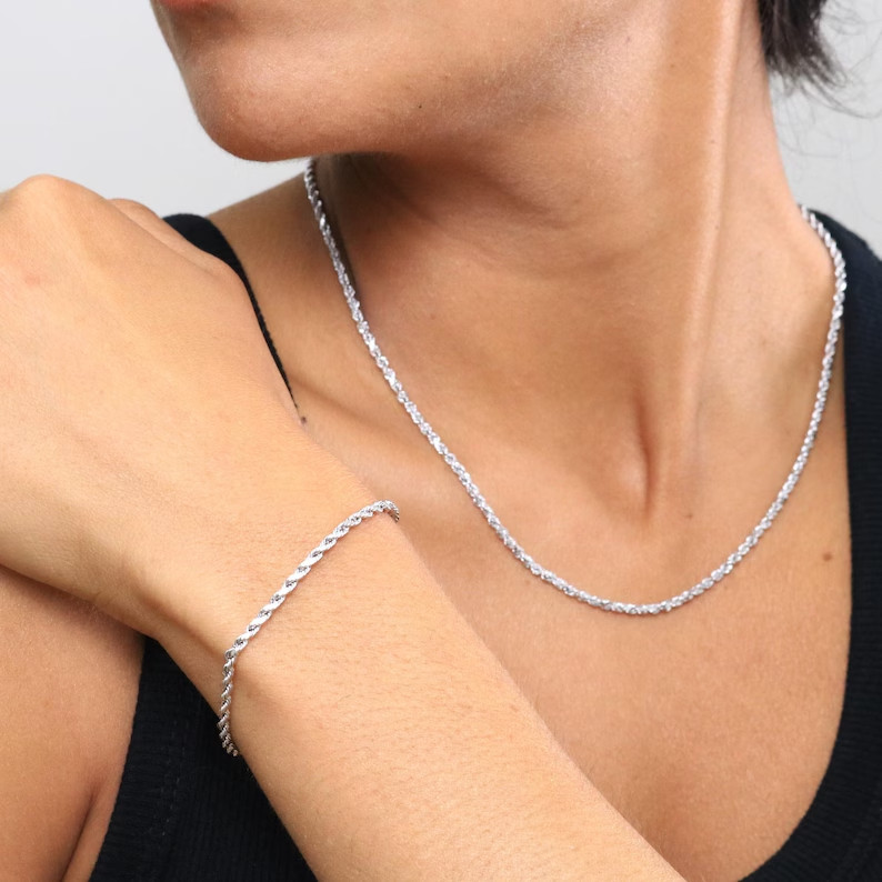 10K White Gold Rope Chain Bracelet Diamond Cut Real Gold 1mm-5mm 7-9in gallery