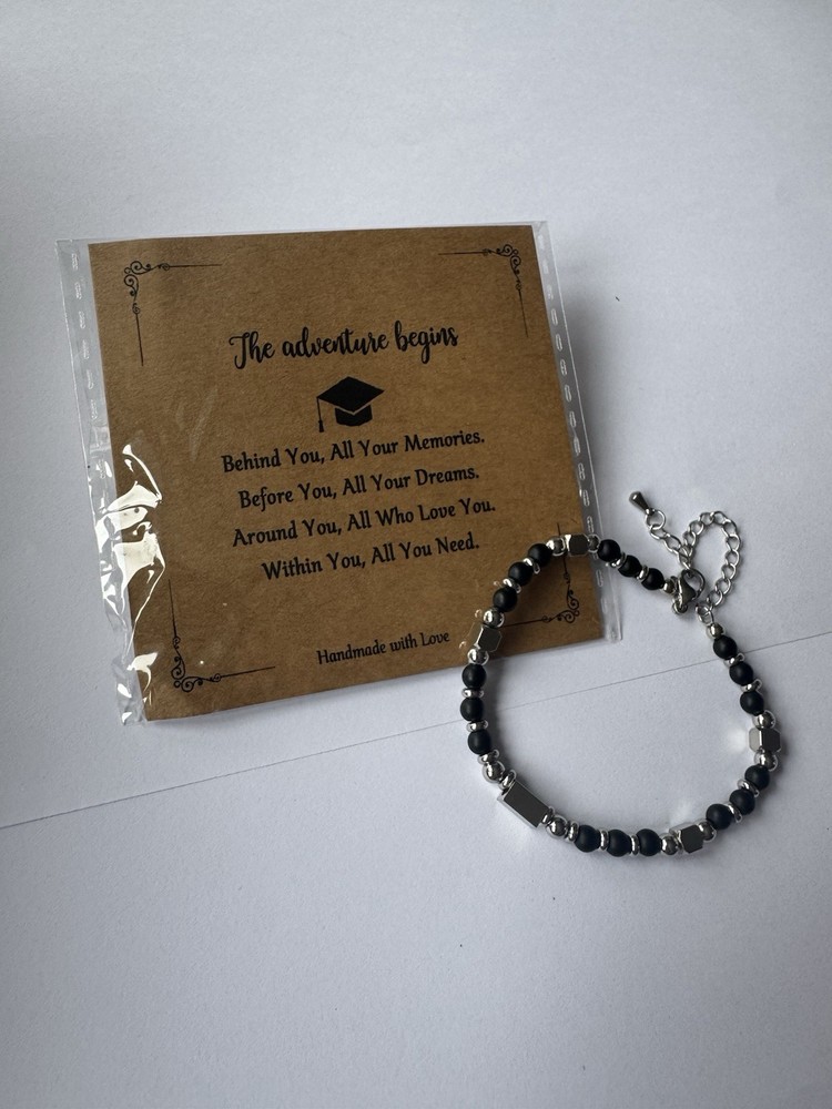 Graduation Bracelet – Black & Silver | “The Adventure Begins” Gift