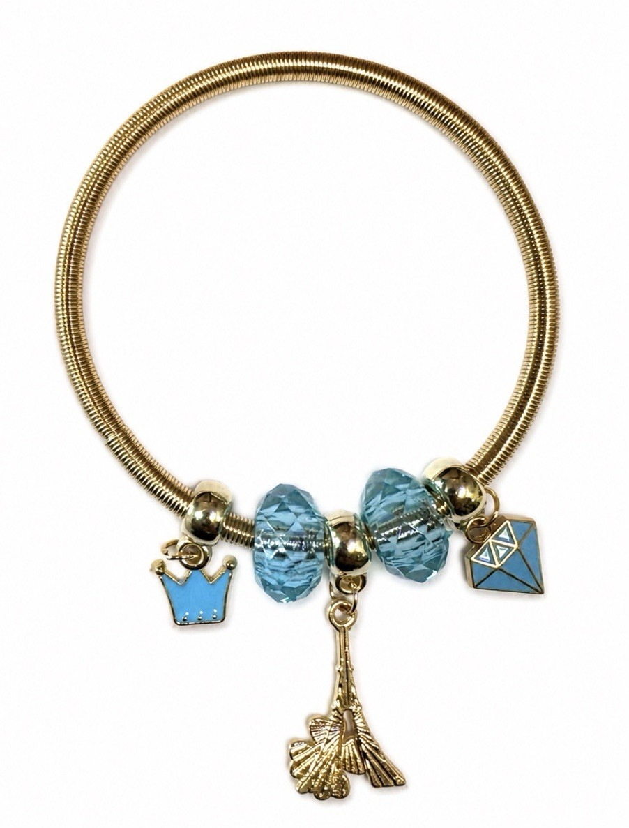 Paris Mon Amour Gold Tone Charm Bracelet Blue Crystal Beads Eiffel Tower Crown gallery