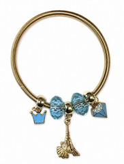 Paris Mon Amour Gold Tone Charm Bracelet Blue Crystal Beads Eiffel Tower Crown