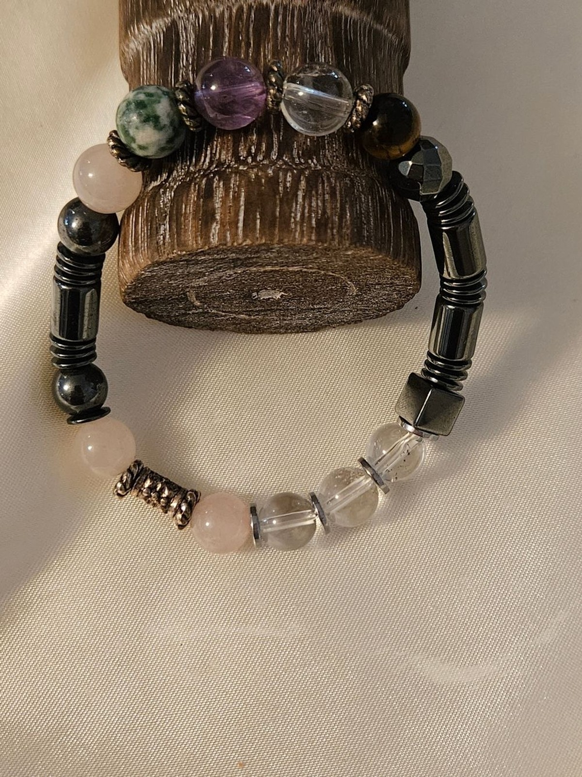 Beaded Multi-Stone Stretch Bracelet - Rose, Green, Purple, Clear, Gold Tones gallery