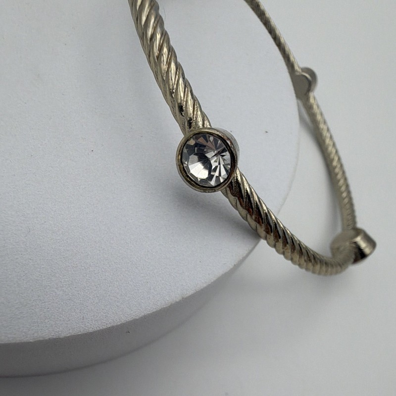 Silver Tone Twisted Rope Bangle Bracelet Clear Crystal & Pearls gallery
