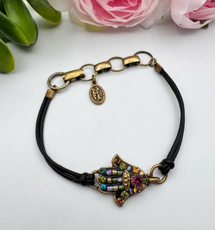 Michal Golan Hamsa Black Leather Multicolor Beaded Bracelet S-7 gallery