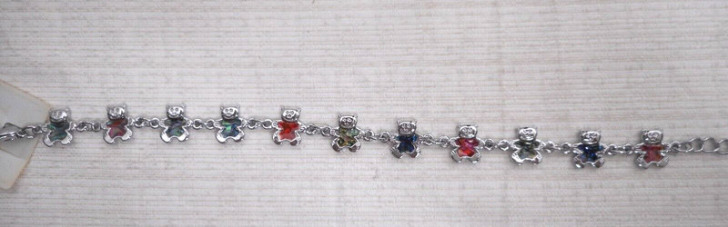 ABALONE Inlay Teddy Bear Bracelet Anklet Silver Tone Link Trendy Paula Shell 7.5 gallery
