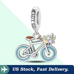 KUNSIR 925 Sterling Silver Blue Bicycle Pendant Charm For Women Bracelet Charm