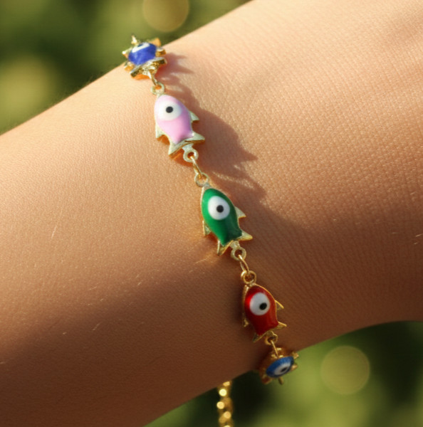 Handmade Gold Fish & Evil Eye Bracelet | Minimalist 18K Gold Plated Boho Charm gallery