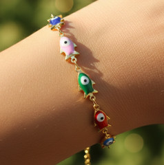 Handmade Gold Fish & Evil Eye Bracelet | Minimalist 18K Gold Plated Boho Charm