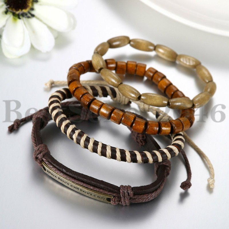 4PCS Men Women Leather Wrap Bracelet Braided Tribal Beaded Wristband Bangle Set gallery