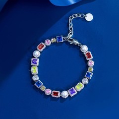 Gold Plated CZ Multicolor Rainbow Square Round Baguette Geometric Pearl Bracelet