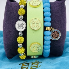 Rustic Cuff Lime Green Leather Bracelet Set Blue Beaded Tennis Crystal Stack 3 P