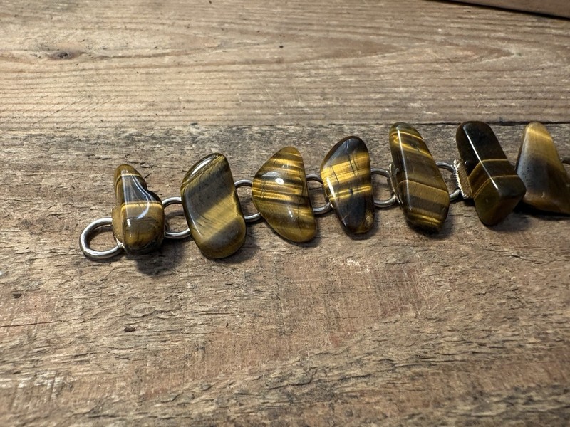 Vintage Tiger's Eye Nugget Link Bracelet Golden Brown Chatoyant Stone 7.5" Boho gallery