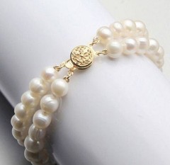 Genuine natural 2 Rows 7-8mm White Akoya Cultured pearl Bracelet Bangle 7.5”