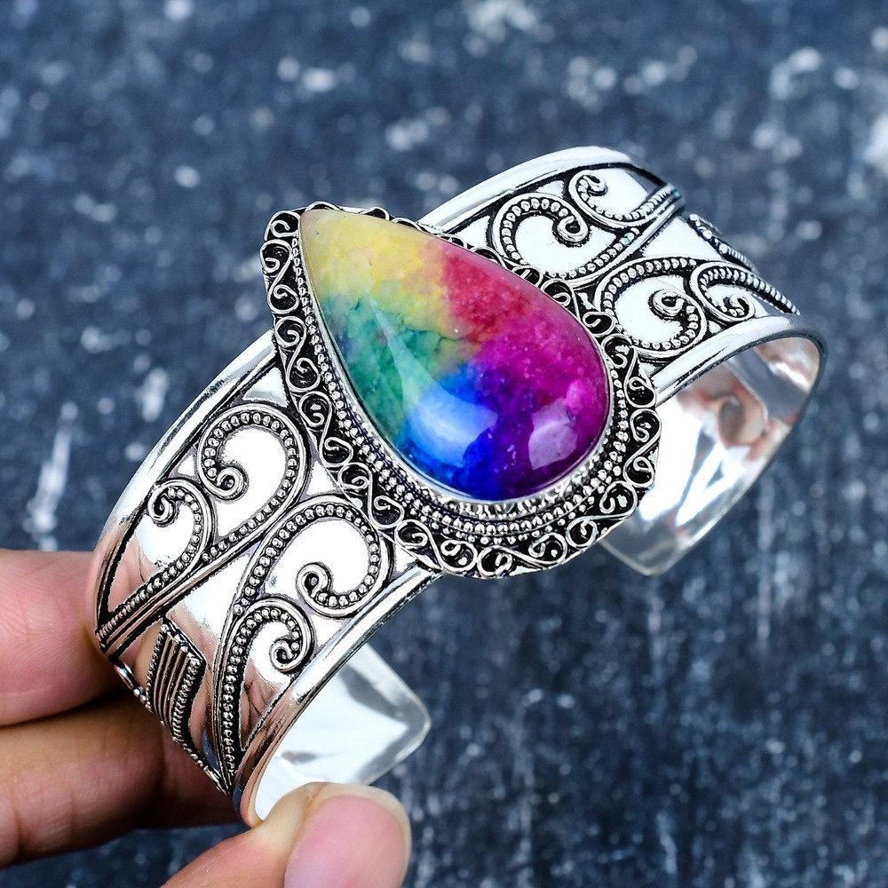 Rainbow Solar Quartz Gemstone Bangle 925 Sterling Silver Jewelry, Adjustable Cuf