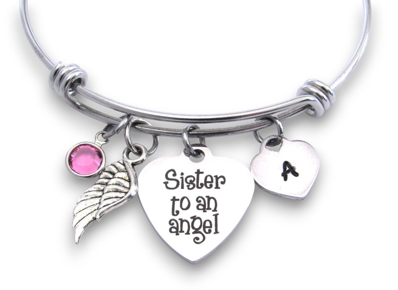 Sister to an Angel Bracelet w/ Initial & Birthstone, Memorial Loss of Sister gallery