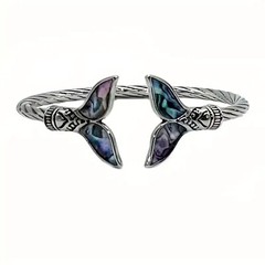Twisted Cable Abalone Whale Tail Open Bangle Bracelet Silver