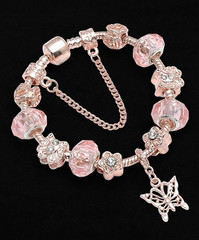 18K Rose Gold Plated Pink Crystal Butterfly Charm Bracelet Made With Swarovski