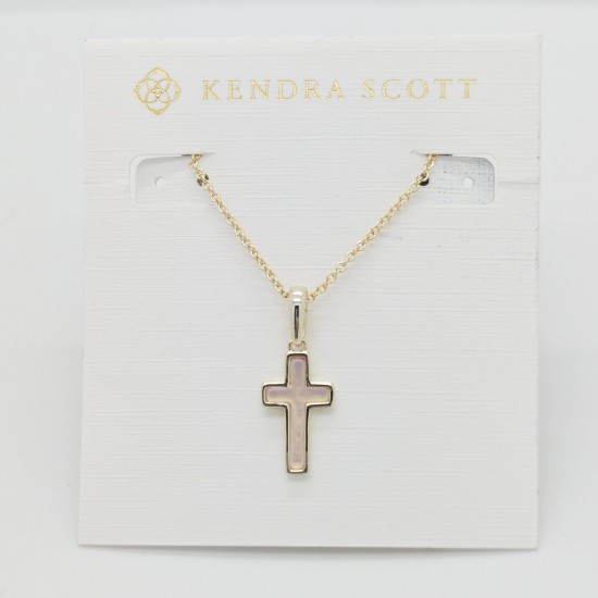 New Kendra Scott Cross Gold Pendant Necklace in Pink Dichroic Glass gallery