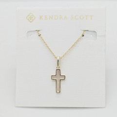 New Kendra Scott Cross Gold Pendant Necklace in Pink Dichroic Glass