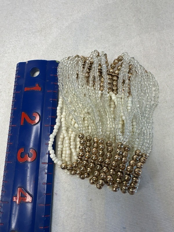 Multistrand Beaded Bracelet Gold Clear White Beads Stretchable Boho Chunky gallery