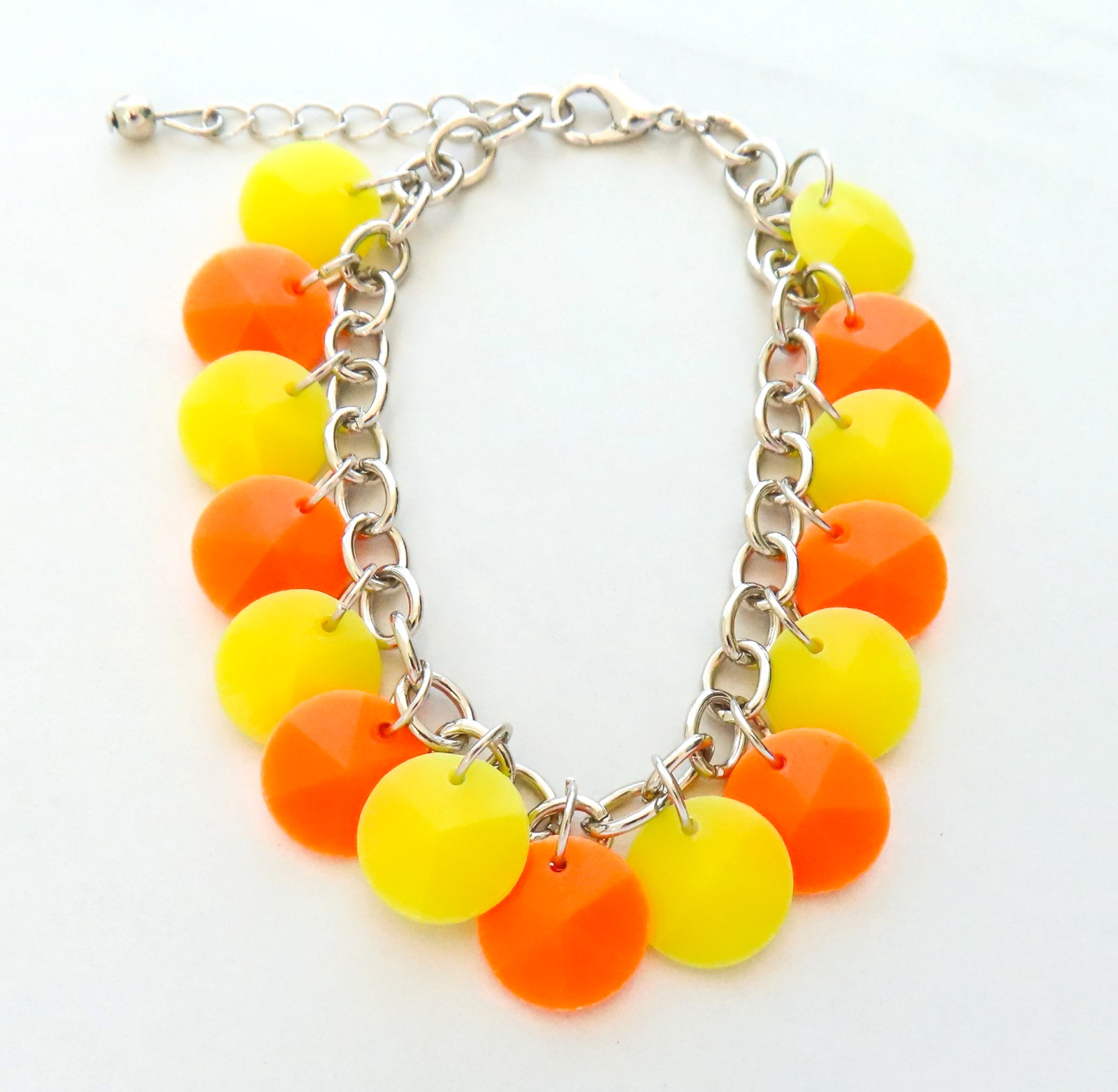 Orange Yellow Disc Charm Bracelet Silver Tone Retro Summer Statement Spring Cute gallery