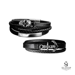 Set of 2 Leather Cuff Bracelets: Midnight Skull + Anchor Charm