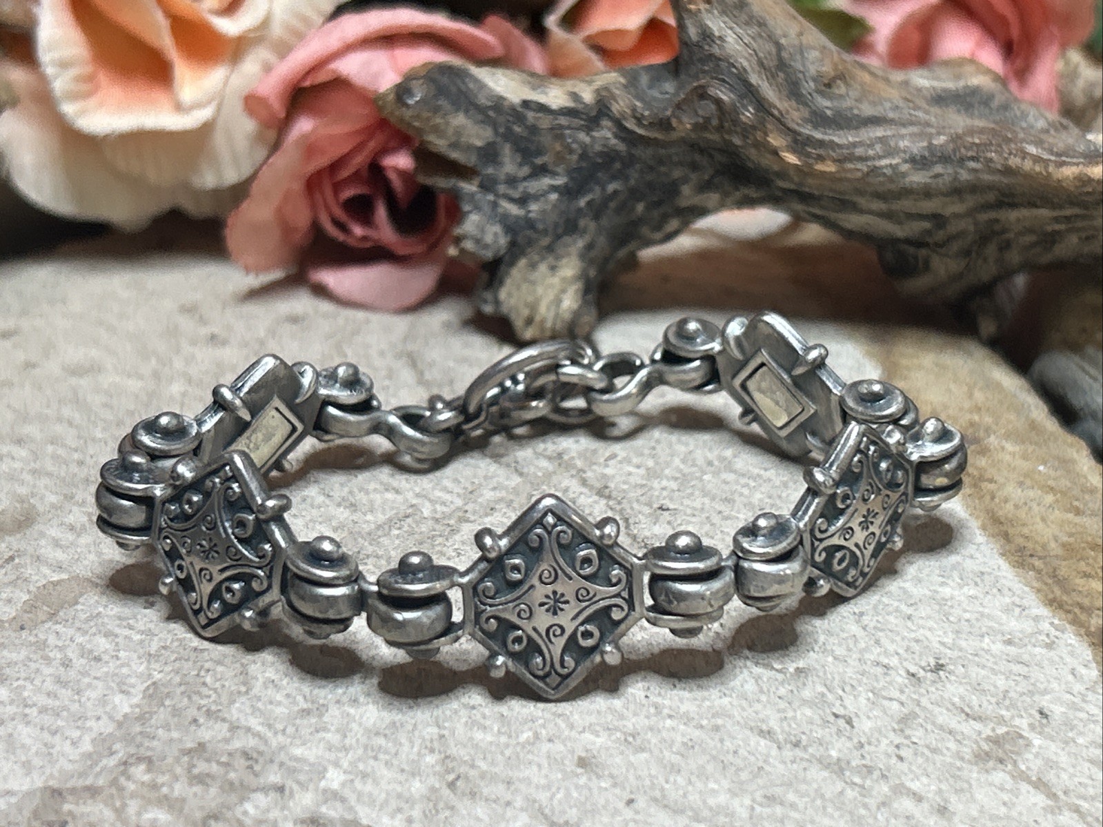 55. Danon Silver tone Rhombus Scroll Linked Toggle clasp Bracelet 7 1/8", 29g gallery