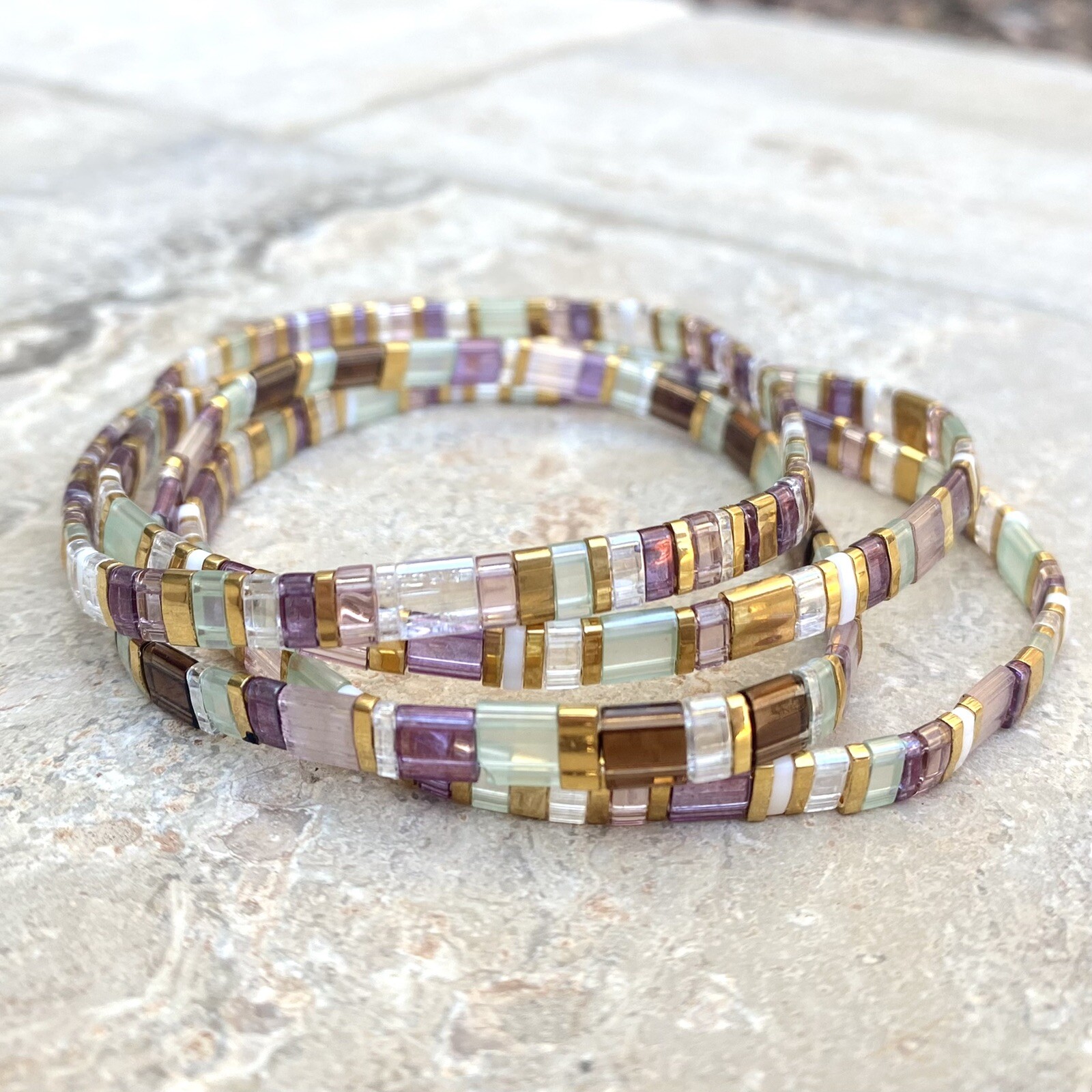 Miyuki Tila Mermaid gold silver bracelet boho Japanese glass tile stackable USA gallery