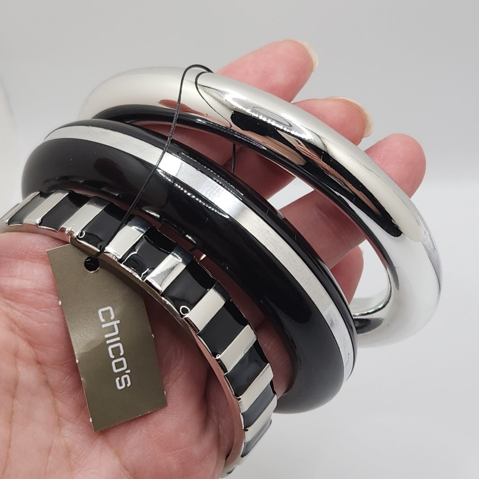 Bold Sculptural Bangle Bracelet Set 3 Piece Black Silver Tone Enamel Chicos MCM gallery