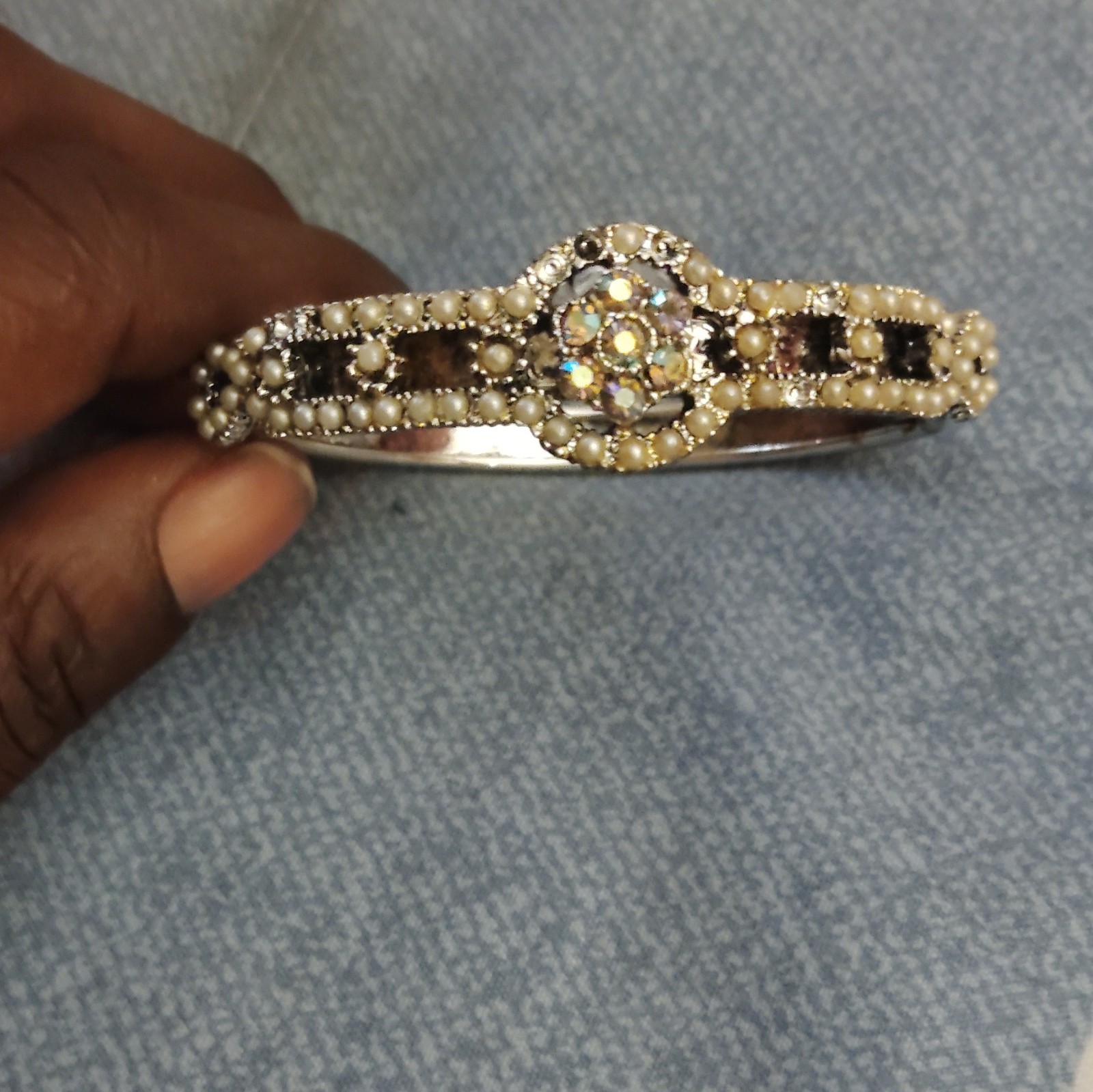 Silver Tone Hinged Bangle Cuff Bracelet w/ White Crystal Rhinestone Cluster gallery