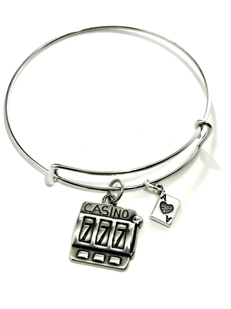 Casino 777 Slot Machine & Ace of Spades Card Gambling Silver Charm Bracelet