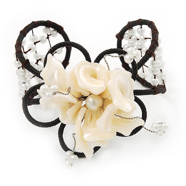 Light Cream Shell 'Flower' Wired Cuff Bracelet - Adjustable gallery