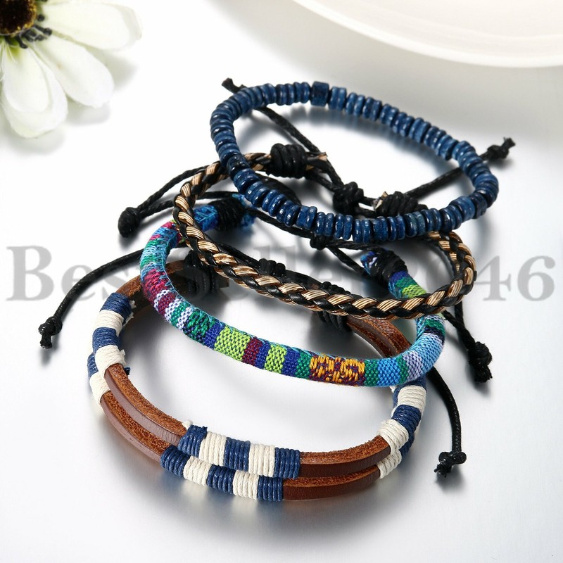 4PCS Men Women Leather Wrap Bracelet Braided Tribal Beaded Wristband Bangle Set gallery