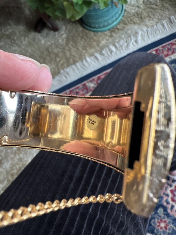 Gold Tone Bangle Bracelet Safety Chain-Retro 50s Hong Kong Vintage Engraved gallery