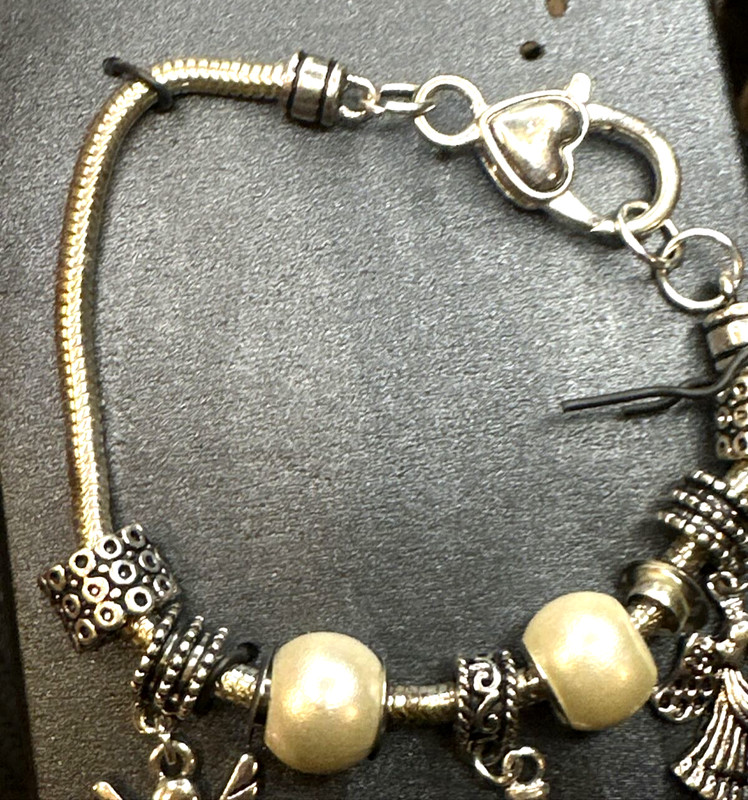 Charm Bracelet silver tone heart clasp Angel Cross religious love beaded gallery
