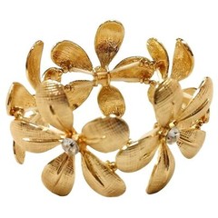Gold Tone Brass Sculpted Flower with Diamond Cut Crystal Stretch Bracelet