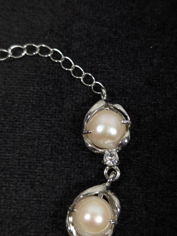 Silver Tone Baroque Button Pearl Rhinestone Tennis Bracelet Bridal Wedding 9 in gallery
