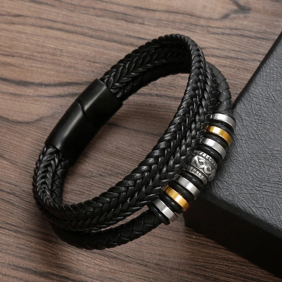 Men's Multilayer Braided Leather Stainless Steel Magnetic Bracelet Bangle Cuff gallery