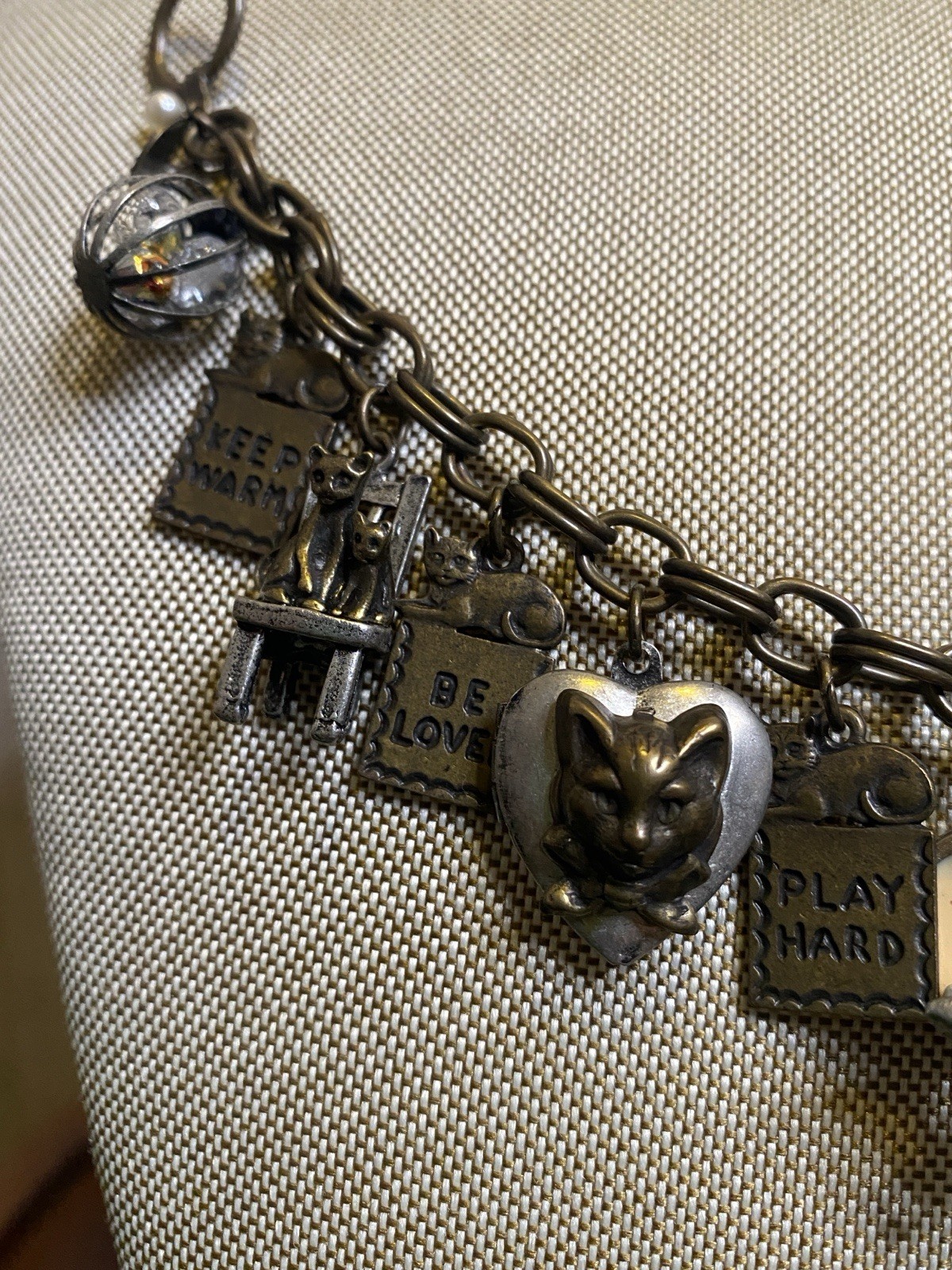 Sweet Romance Cat Charm Bracelet Chunky Locket Heart Toggle Clasp Whimsical gallery