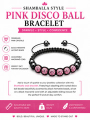 Shamballa Style Pink Crystal Disco Ball Bracelet Adjustable Macramé Cord Black