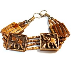 Vintage African Beaded Panel Bracelet Elephant Carved Wood Animal Size 7