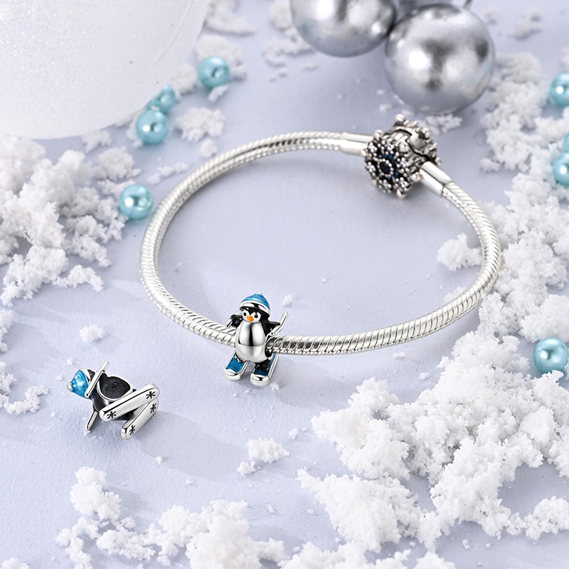 MULA 925 Sterling Silver DIY Charm Enamel Cute Penguin Ski for Women Bracelet gallery