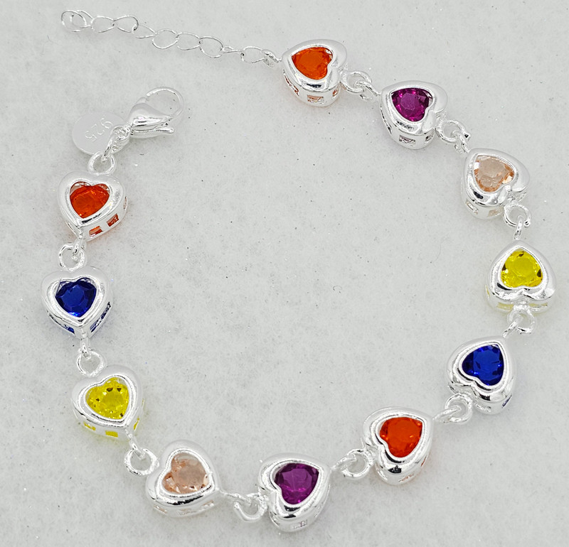 Bracelet 7-8 in 925 Sterling Silver Multi-color Crystal Link Heart Chain Adjusta gallery