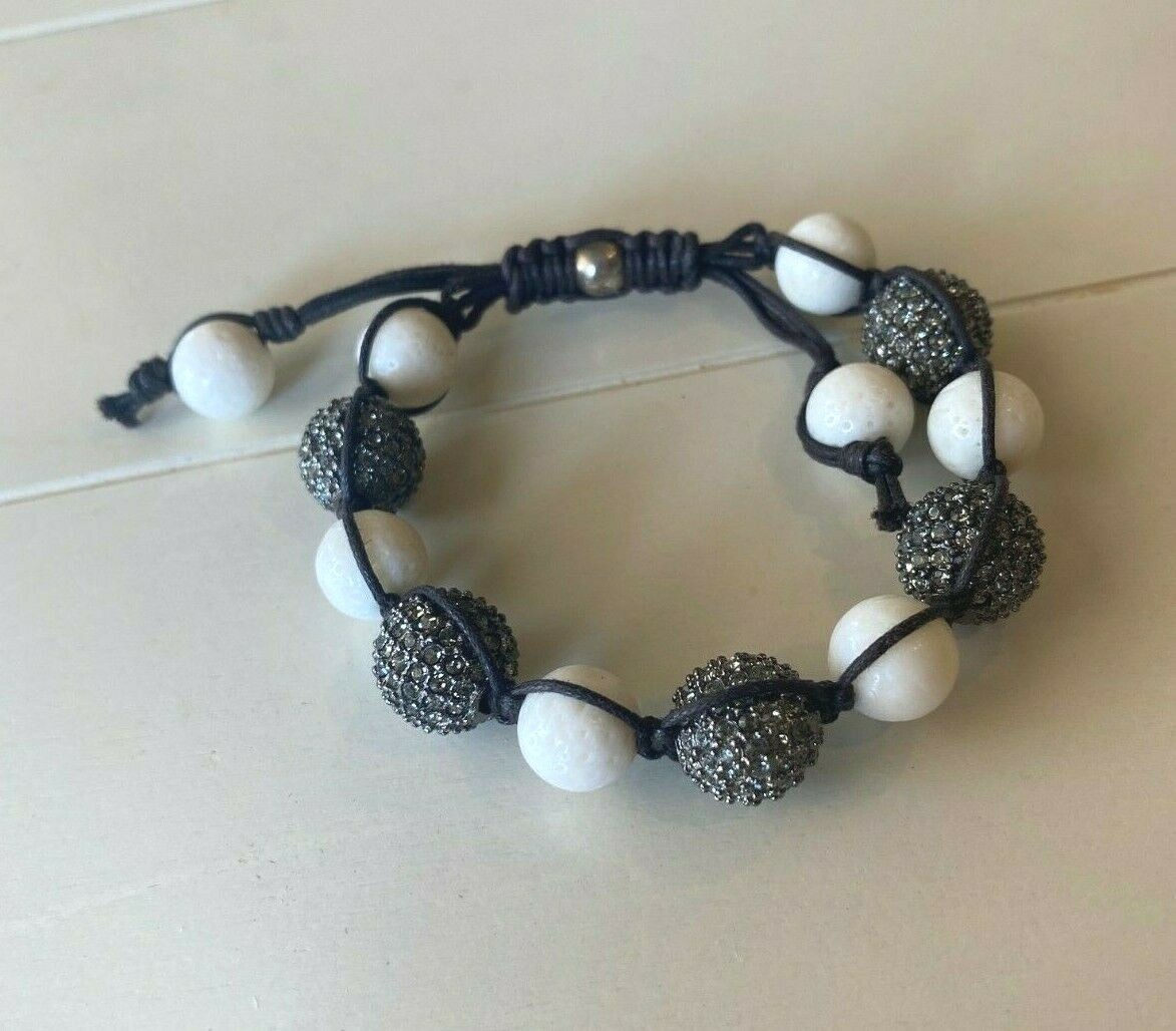 TAI White Bone Bead Pave Crystal Disco Ball Knotted Cord Bracelet gallery